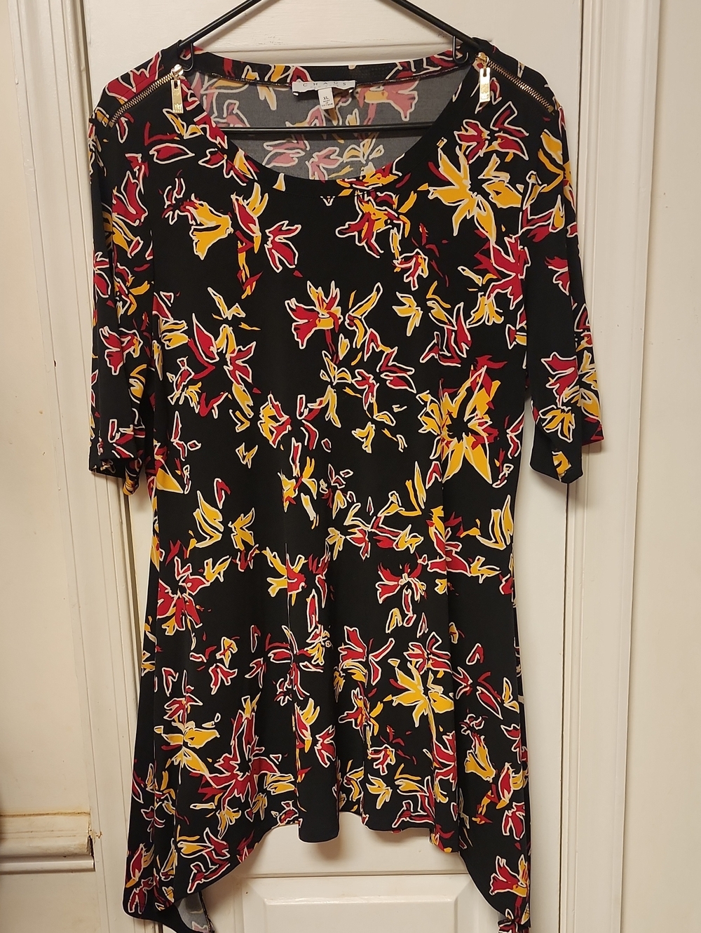 Chaus Black Asymmetrical Dress with Red and Yellow Floral Print